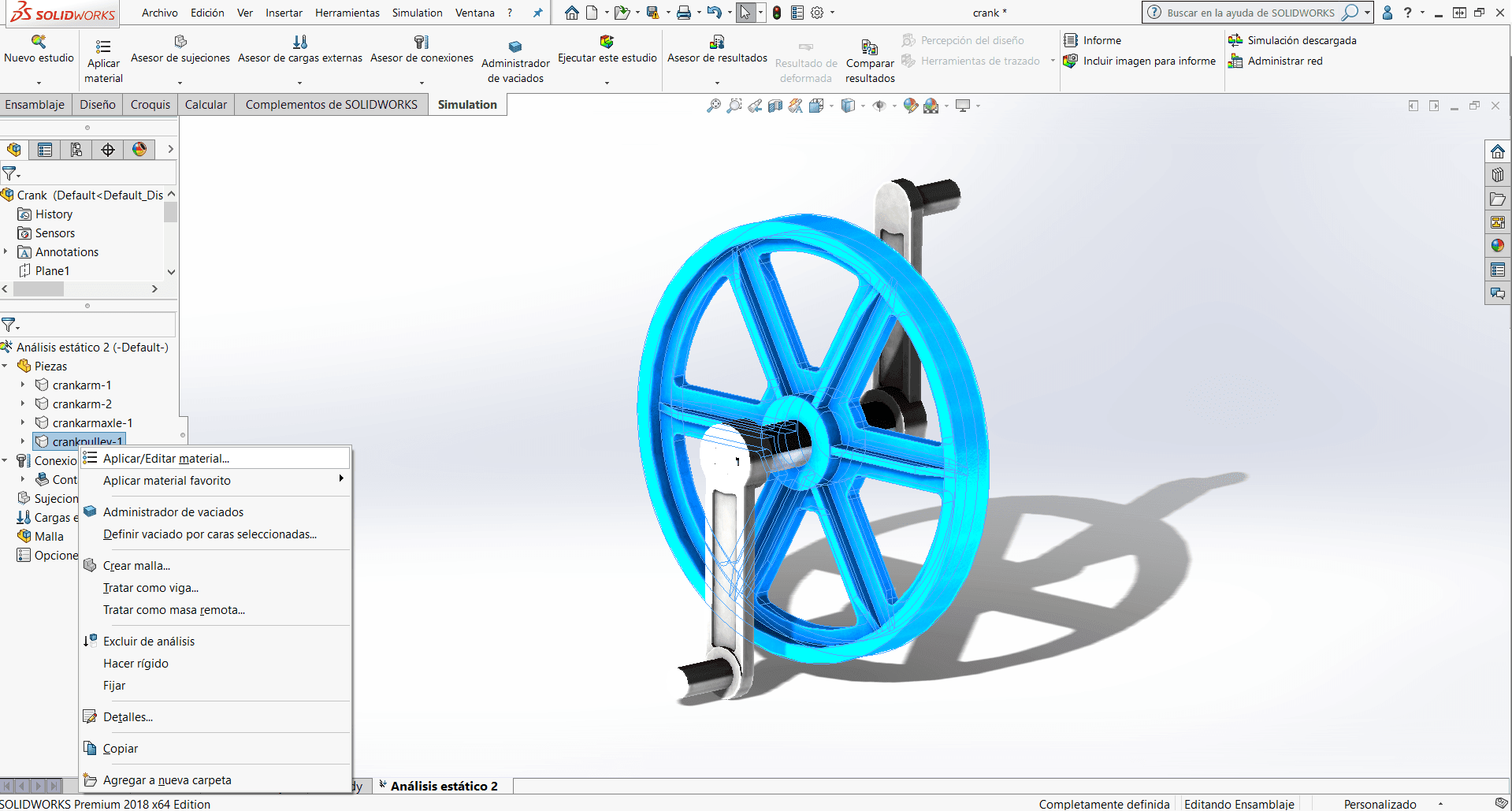 Simulación de SOLIDWORKS – Análisis lineal estático de la pieza